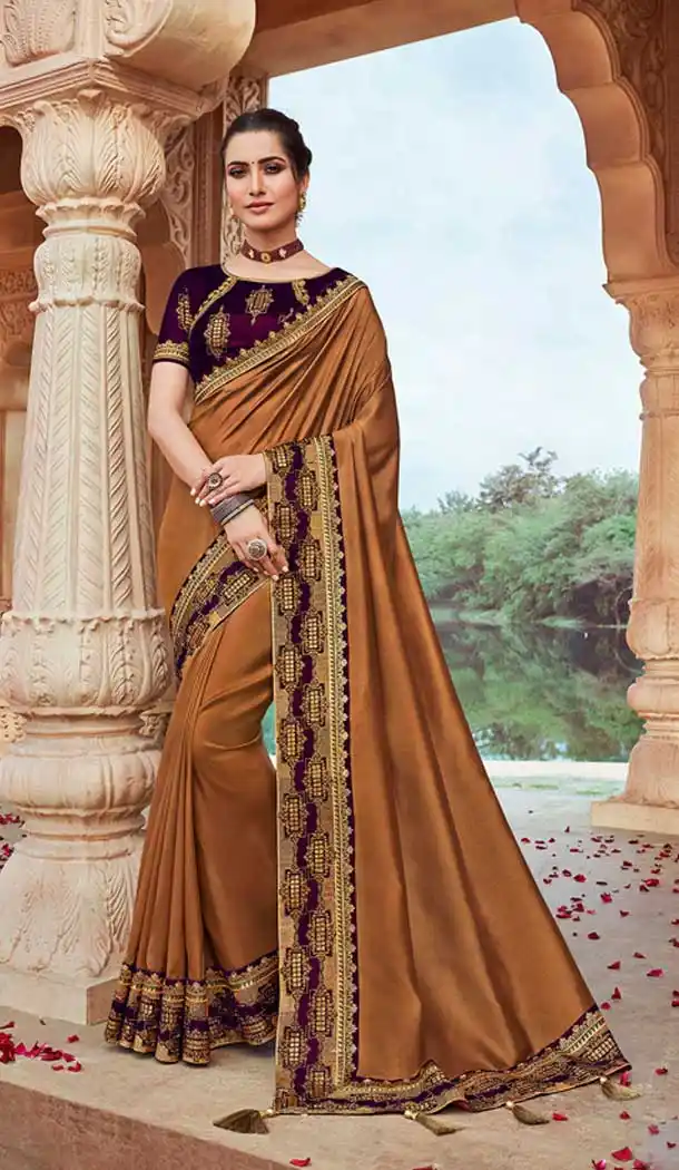 Brown Color Fancy Silk Heavy Embroidered Party Wear Saree Blouse -427120937