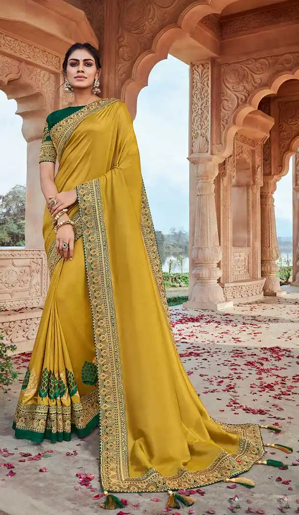Musterd Color Fancy Silk Heavy Embroidered Party Wear Saree Blouse -427120940