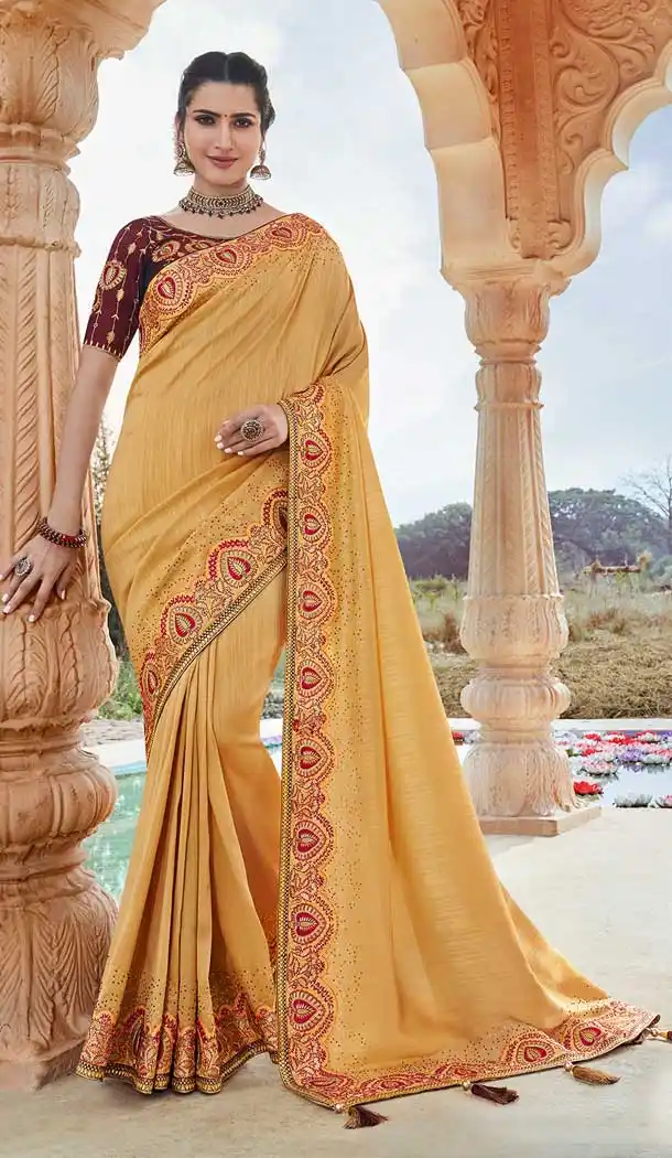 Musterd Color Fancy Silk Heavy Embroidered Party Wear Saree Blouse -427120944