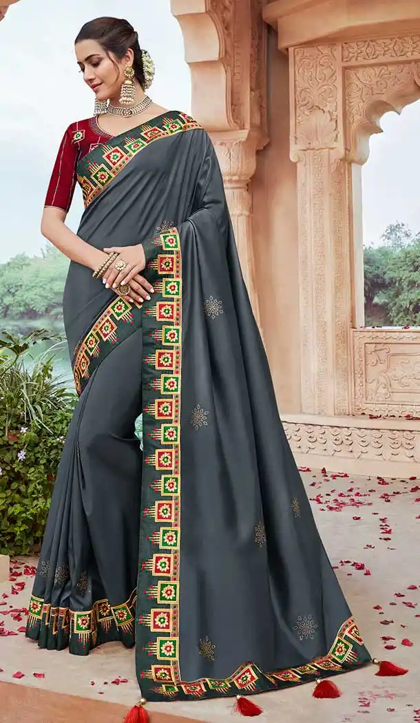 Grey Color Fancy Silk Heavy Embroidered Party Wear Saree Blouse -427120945
