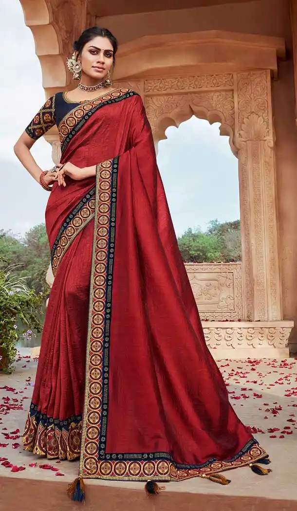 Red Color Fancy Silk Heavy Embroidered Party Wear Saree Blouse -427120946