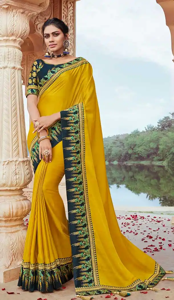 Yellow Color Fancy Silk Heavy Embroidered Party Wear Saree Blouse -427120949