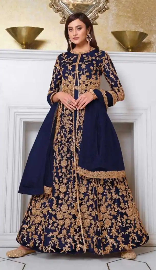 Blue Color Soft Net Heavy Embroidered Party Wear Indo Western Suit -445121097