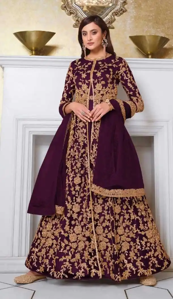 Wine Color Soft Net Heavy Embroidered Party Wear Indo Western Suit -445121099