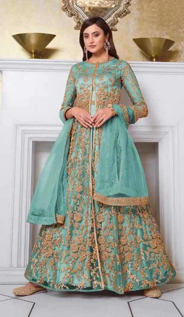Sky Blue Color Soft Net Heavy Embroidered Party Wear Indo Western Suit -445121101