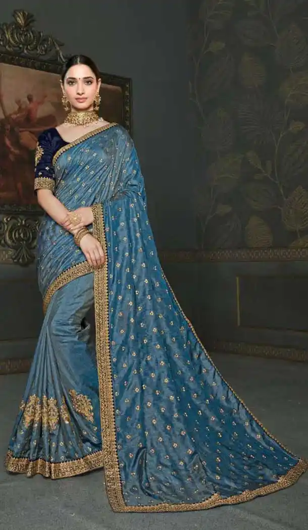 Bluish Grey Color Vichitra Silk Heavy Designer Party Wear Saree -456121311