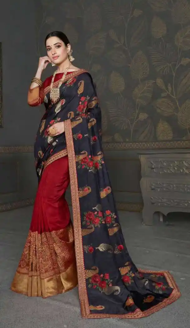 Black Red Color Vichitra Silk Heavy Designer Party Wear Saree -456121314