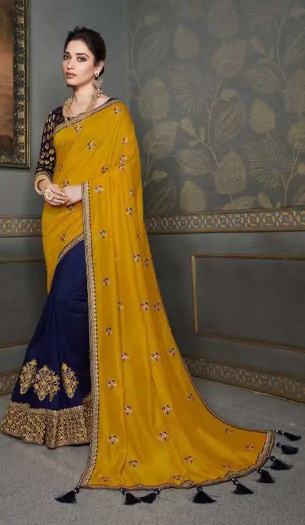 Yellow Blue Color Vichitra Silk Heavy Designer Party Wear Saree -456121318
