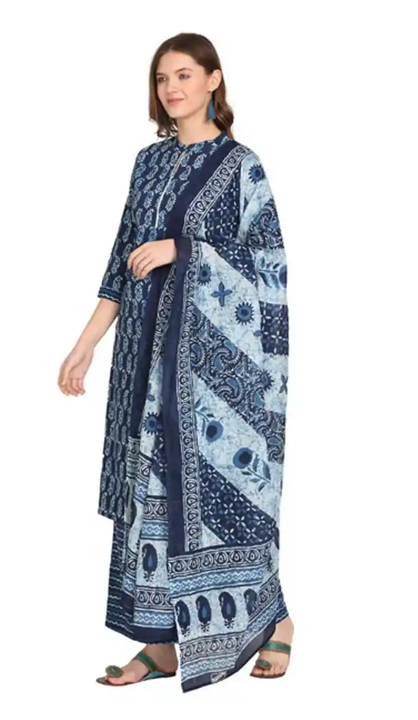 Aesthetic Blue Color Cotton Blend Printed Designer Kurti With Palazzo -465121373