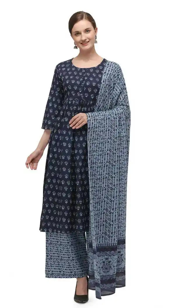 Dark Blue Color Cotton Blend Printed Designer Kurti With Palazzo -465121375