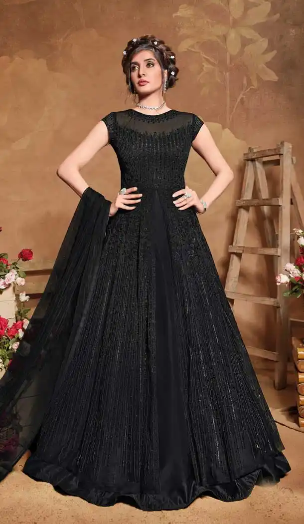 Black Color Butter Fly Net Designer Party Wear Gown Dresses -478121486