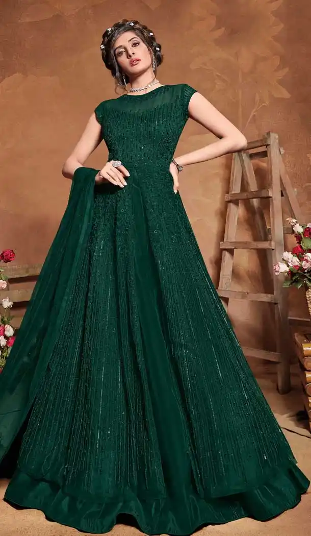 Green Color Butter Fly Net Designer Party Wear Gown Dresses -478121488