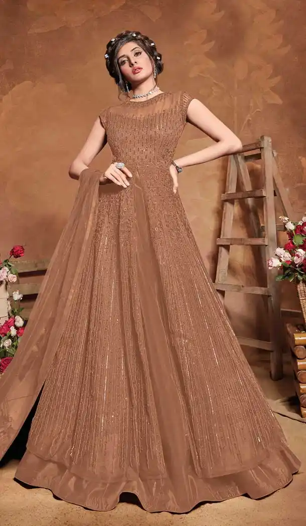 Light Brown Color Butter Fly Net Designer Party Wear Gown Dresses -478121489