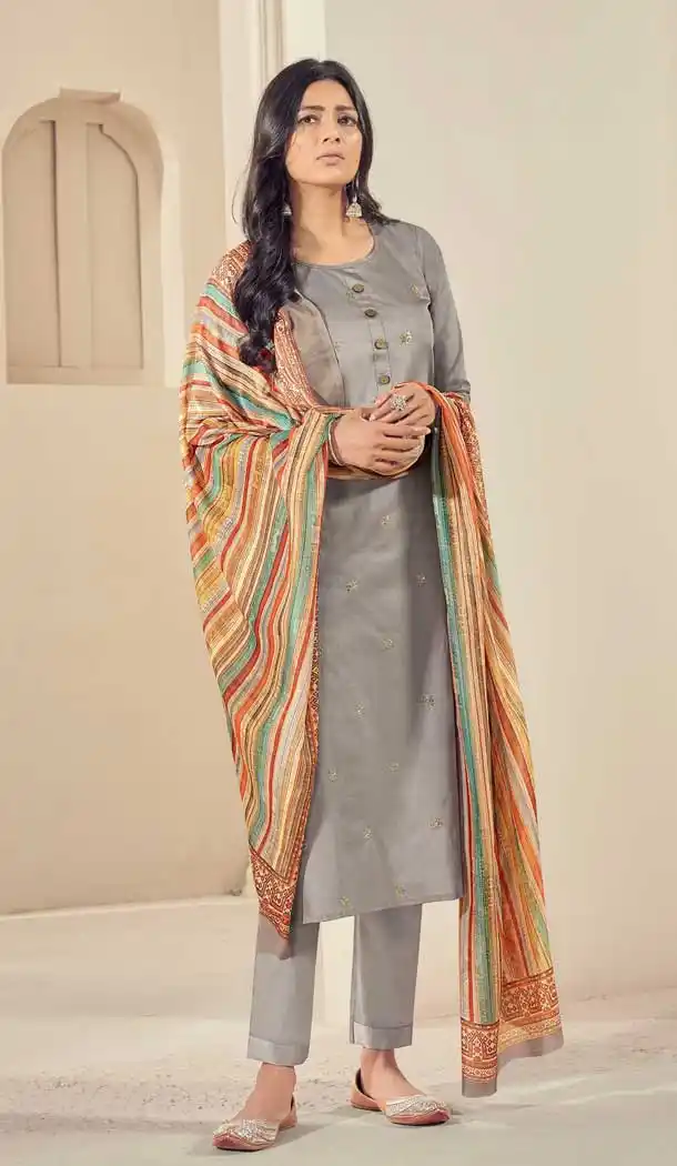 Grey Color Pure Jam Satin Readymade Party Wear Salwar Suit -484121545