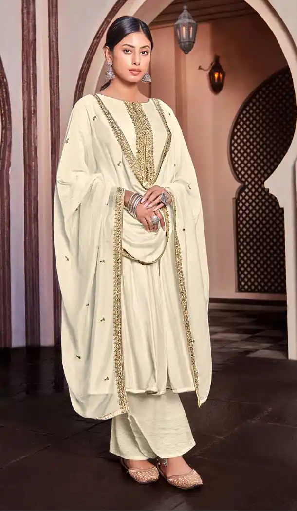 Off White Color Cotton Silk Casual Party Wear Palazzo Salwar Suit -485121549
