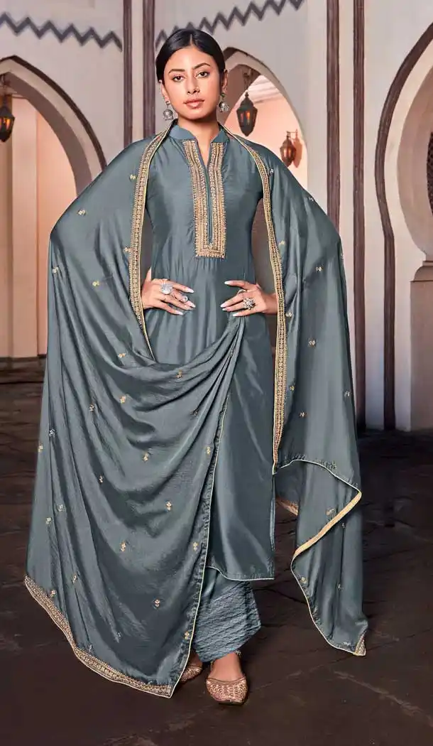 Stone Grey Color Cotton Silk Casual Party Wear Palazzo Salwar Suit -485121550