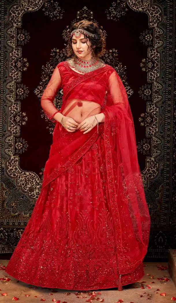 Red Color Net Embroidred Designer Wedding Wear Lehenga Choli -488121596