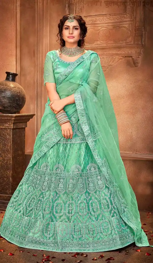 Light Green Color Net Embroidred Designer Wedding Wear Lehenga Choli -488121597