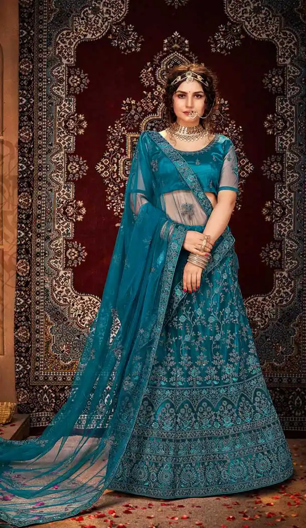 Teal Blue Color Net Embroidred Designer Wedding Wear Lehenga Choli -488121598