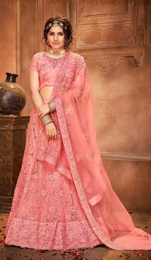 Peach Color Net Embroidred Designer Wedding Wear Lehenga Choli -488121599