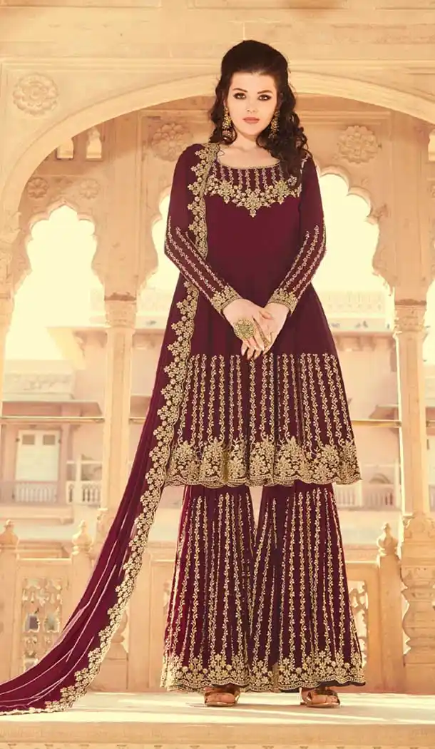 Maroon Color Faux Georgette Heavy Designer Party Wear Salwar Suit -489121602