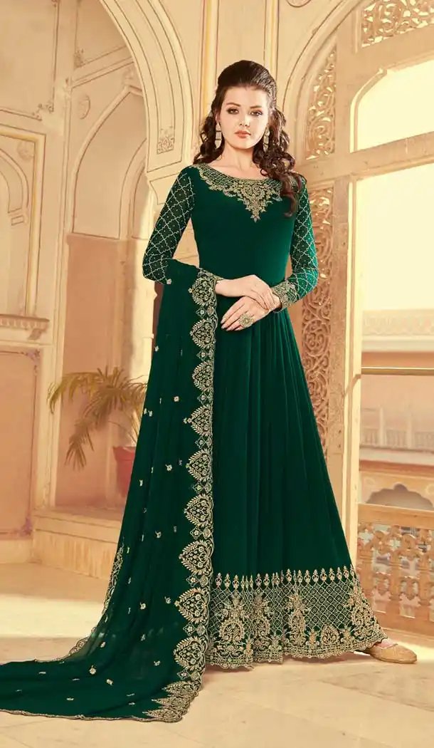 Dark Green Color Faux Georgette Heavy Designer Party Wear Salwar Suit -489121603