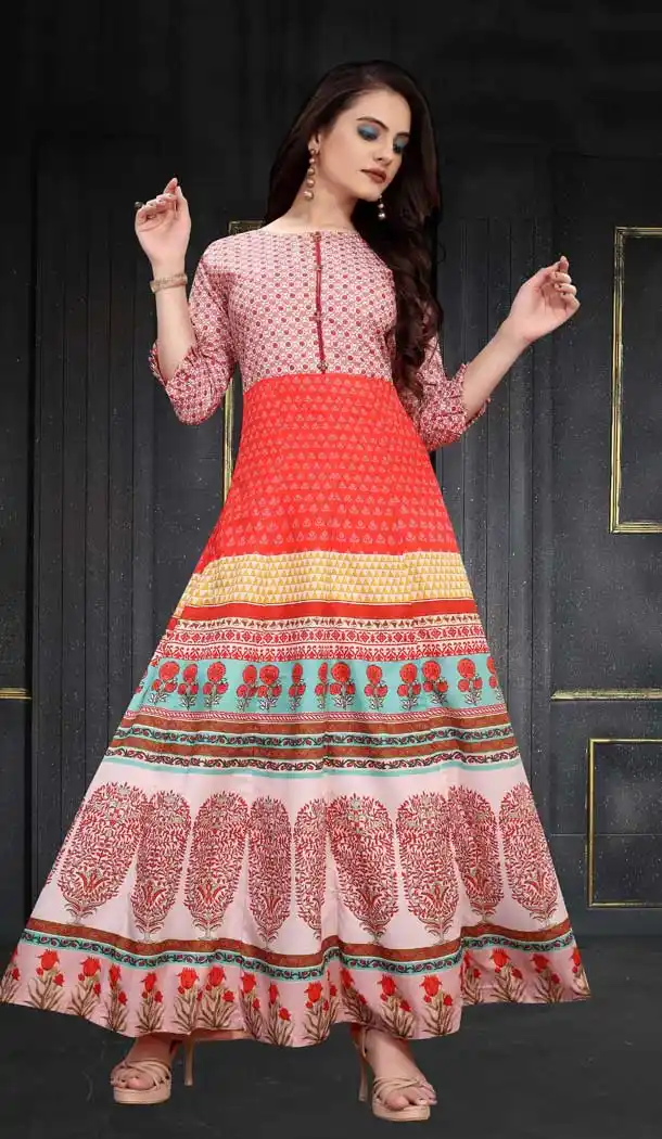 Pink Red Color Maslin Silk Digital Printed Readymade Gown Dress -497121659
