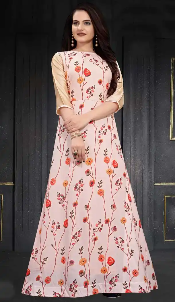 Pink Color Maslin Silk Digital Printed Readymade Gown Dress -497121661