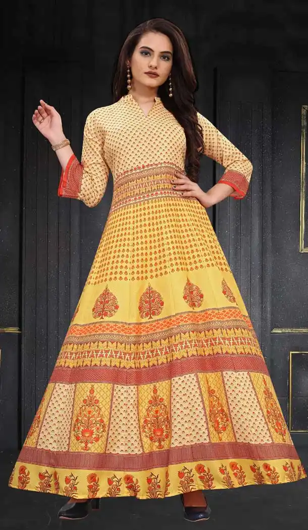 Yellow Color Maslin Silk Digital Printed Readymade Gown Dress -497121662