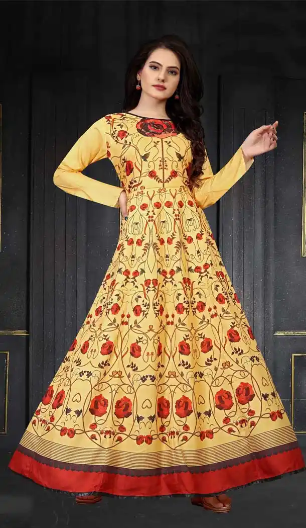 Yellow Color Maslin Silk Digital Printed Readymade Gown Dress -497121664