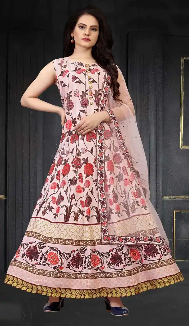 Lotus Pink Color Maslin Silk Digital Printed Readymade Gown Dress -497121665
