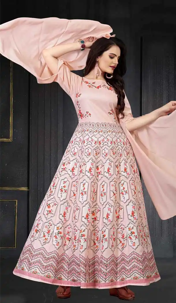 Flamingo Pink Color Maslin Silk Digital Printed Readymade Gown Dress -497121667