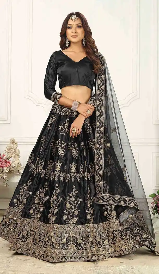 Black Color Satin Silk Designer Party Wear Lehenga Choli -499121676