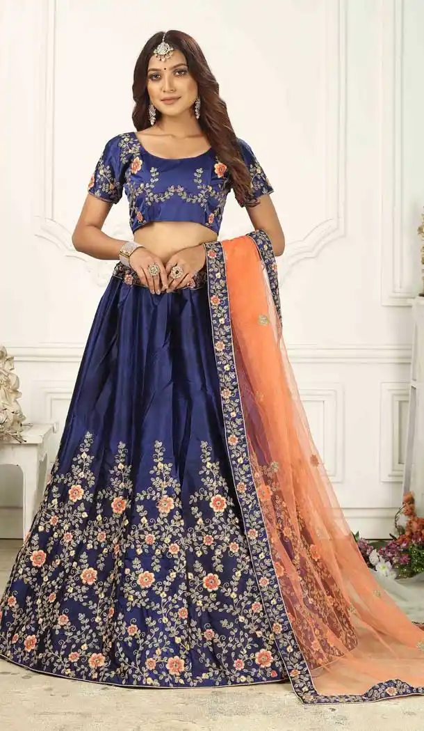 Blue Color Satin Silk Designer Party Wear Lehenga Choli -499121677