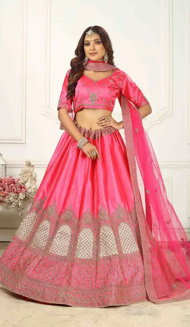 Rani Pink Color Satin Silk Designer Party Wear Lehenga Choli -499121680