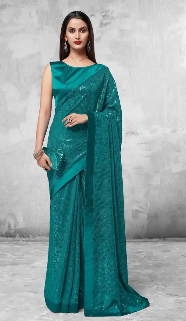 Rama Green Color Blooming Georgette Designer Party Wear Saree Blose -505121726