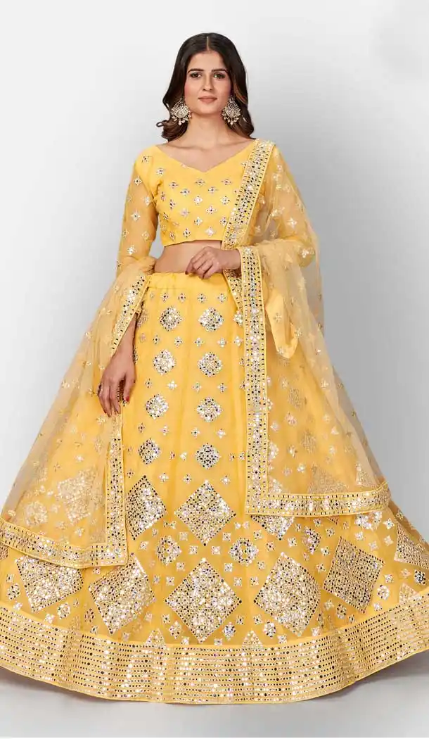 Musterd Yellow Color Organza Heavy Designer Bridal Wear Lehenga Choli -506121736
