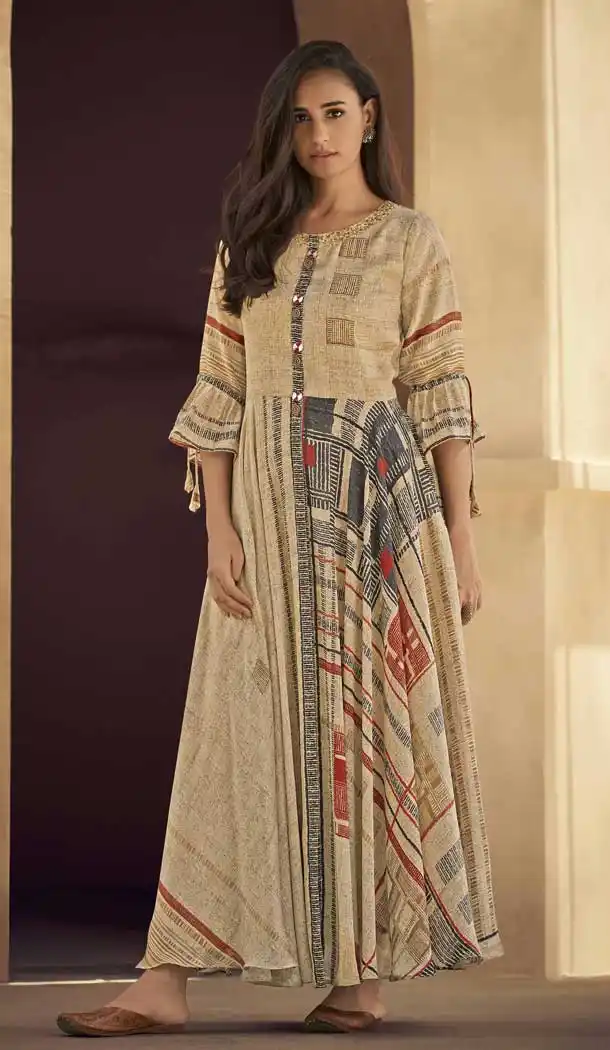 Beige Color Silk Blend Designer Readymade Party Wear Gown Dress -88207045
