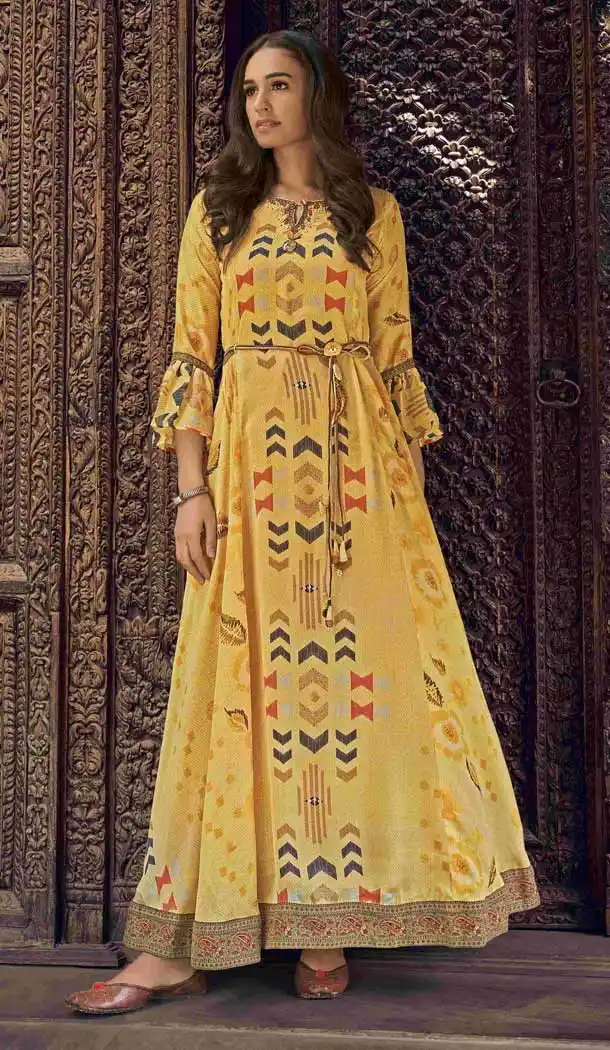 Yellow Color Silk Blend Designer Readymade Party Wear Gown Dress -88207046