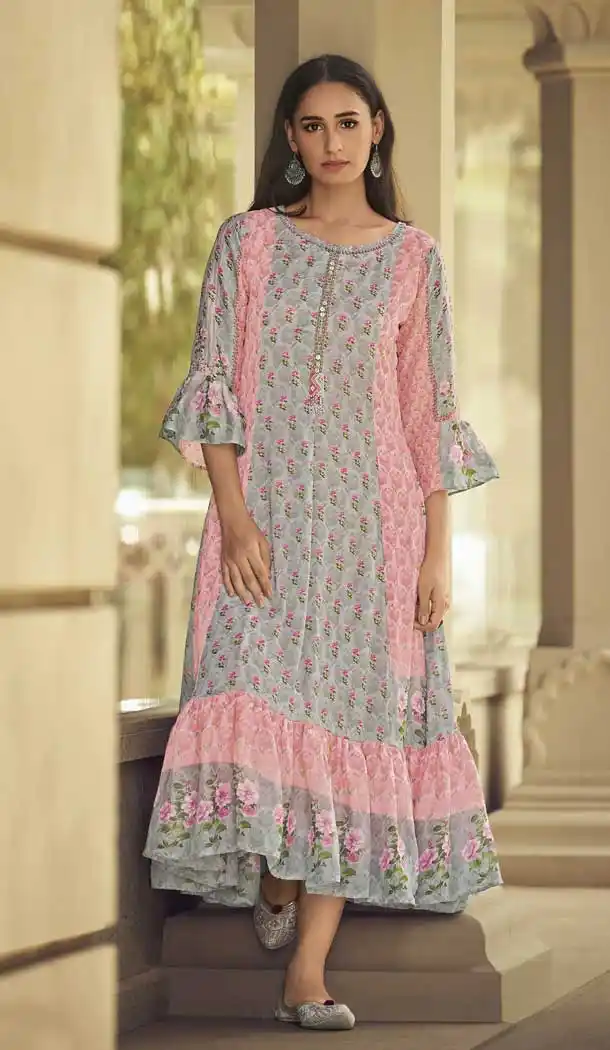 Grey Color Silk Blend Designer Readymade Party Wear Gown Dress -88207053