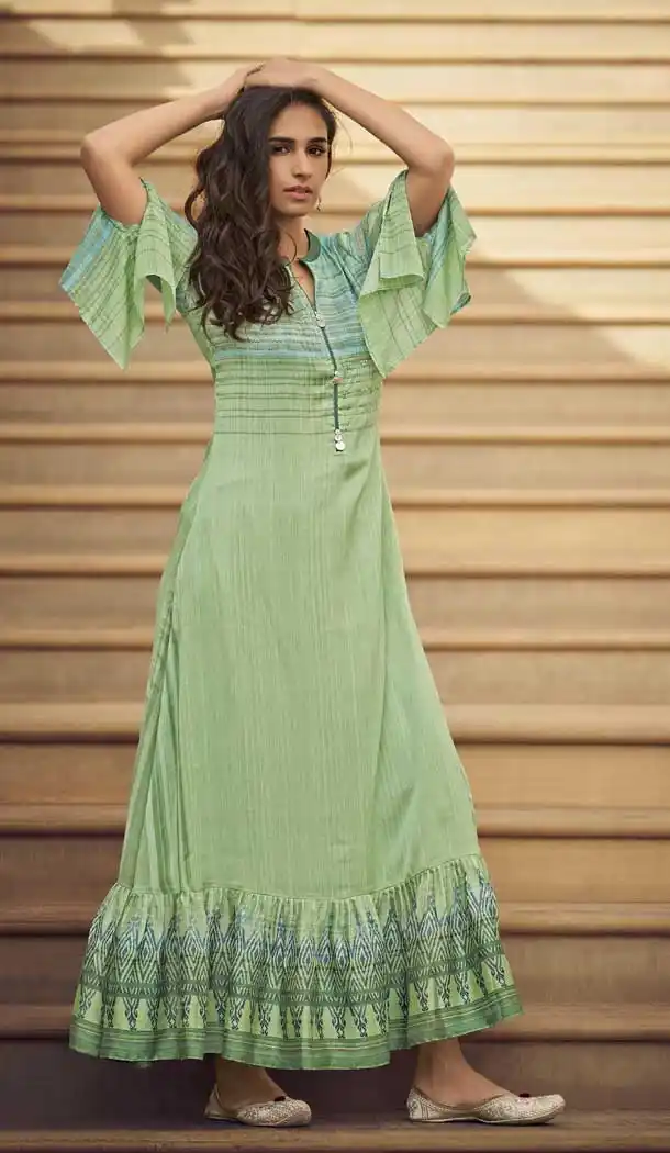 Sea Green Color Rayon Silk Designer Readymade Party Wear Gown Dress -88207056
