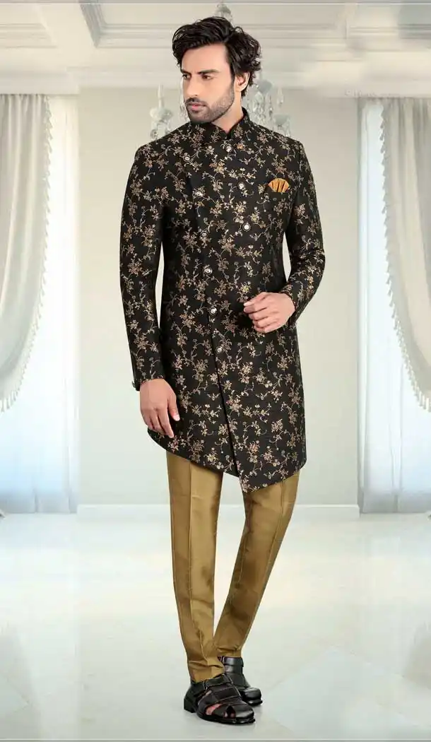 Black Color Jacquard Designer Bridal Wedding Wear Men Sherwani -516121877