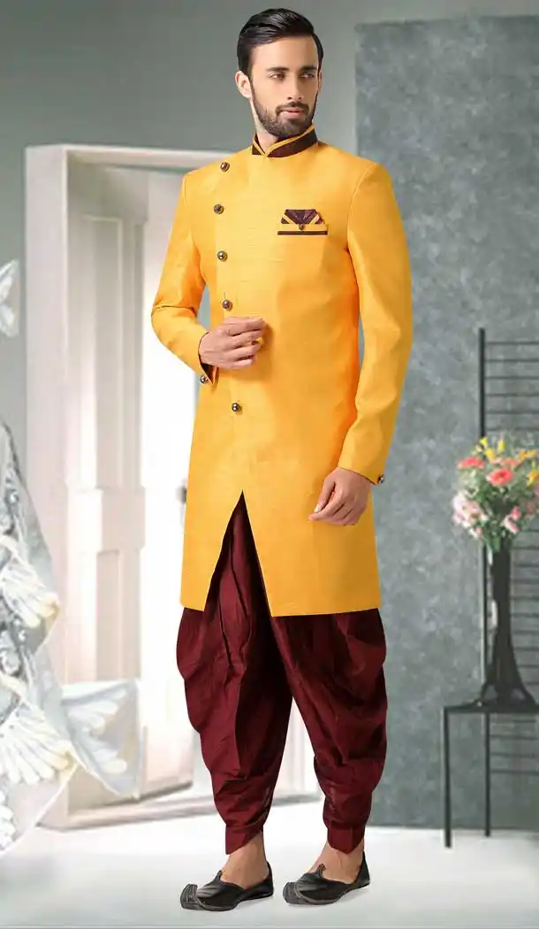 Yellow Color Silk Designer Bridal Wedding Wear Men Sherwani -516121878