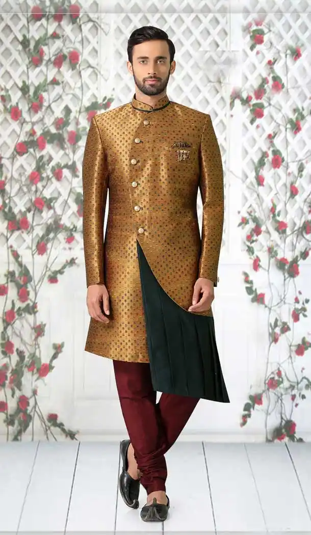 Musturd Yellow Color Jacquard Designer Bridal Wedding Wear Men Sherwani -516121880