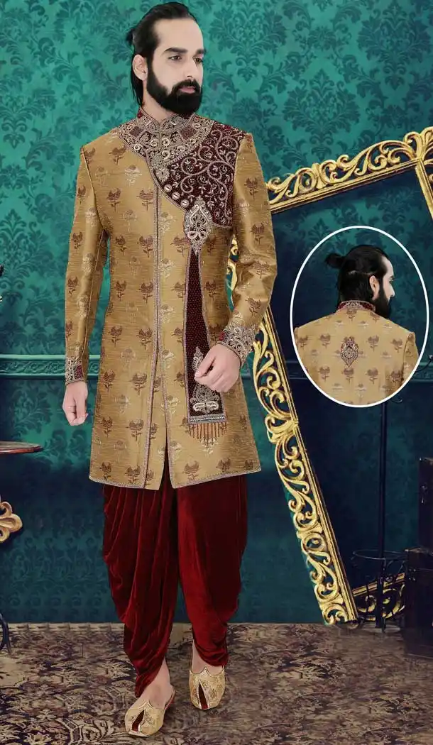 Beige Color Brocade Designer Bridal Wedding Wear Men Sherwani -516121883