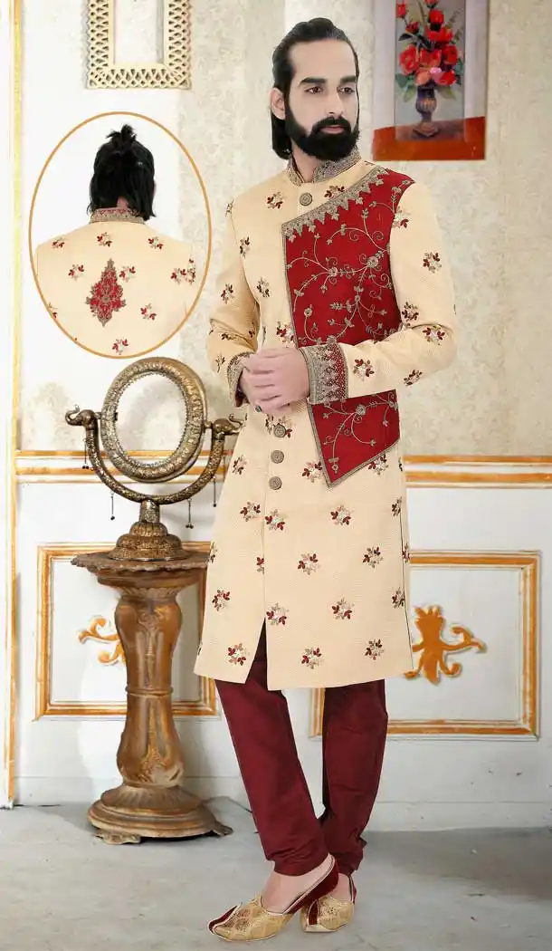 Cream Color Brocade Designer Bridal Wedding Wear Men Sherwani -516121884