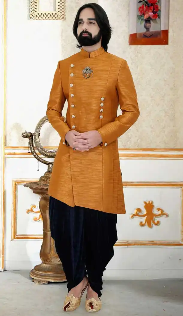 Musturd Color Silk Designer Bridal Wedding Wear Men Sherwani -516121885