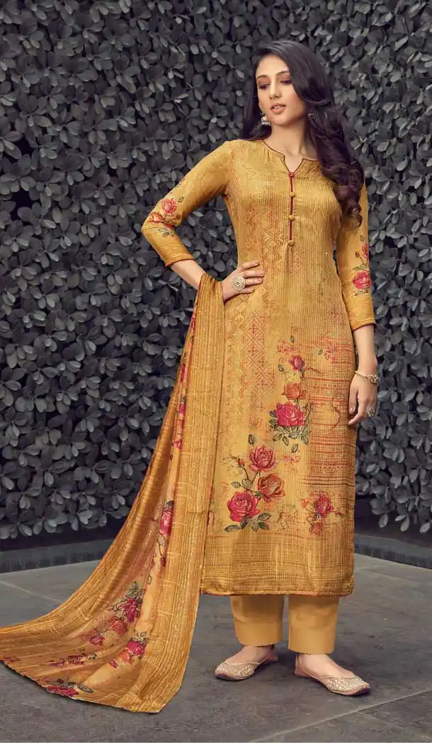 Musturd Color Pure Muslin Digital Printed Work Evening Wear Dresses -517121886