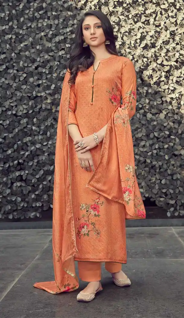 Peach Color Pure Muslin Digital Printed Work Evening Wear Dresses -517121889