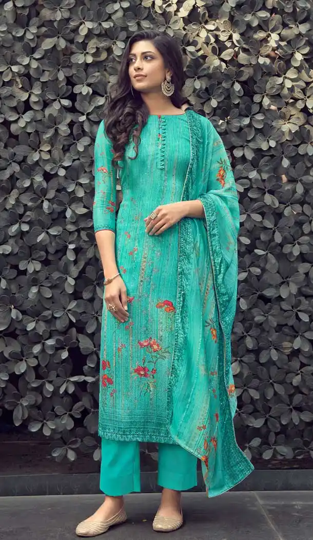 Sky Blue Color Pure Muslin Digital Printed Work Evening Wear Dresses -517121890